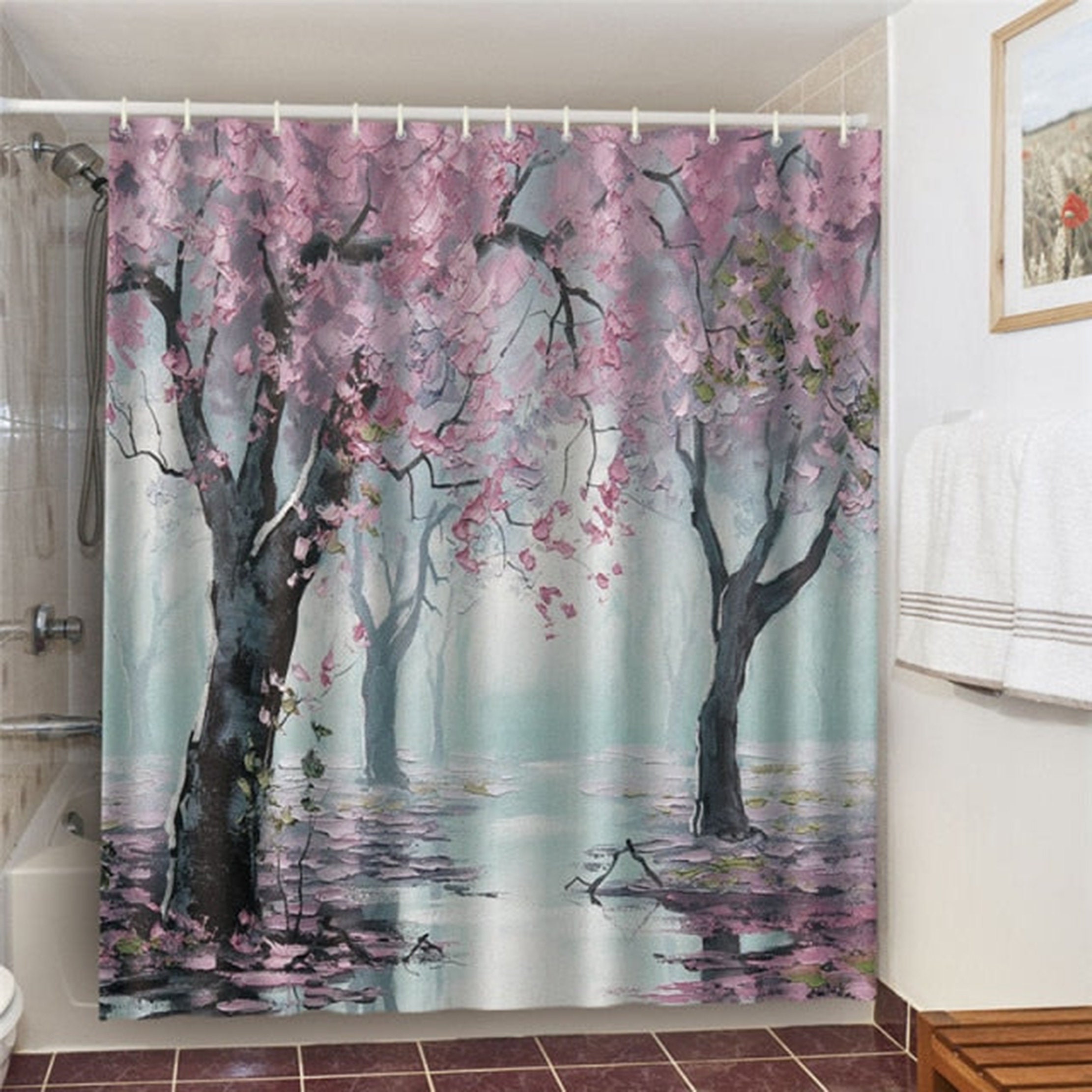 Cherry Blossom Shower Curtain | Pink Spring Floral Fabric Bathroom Decor | Forest Theme | Housewarming Gift