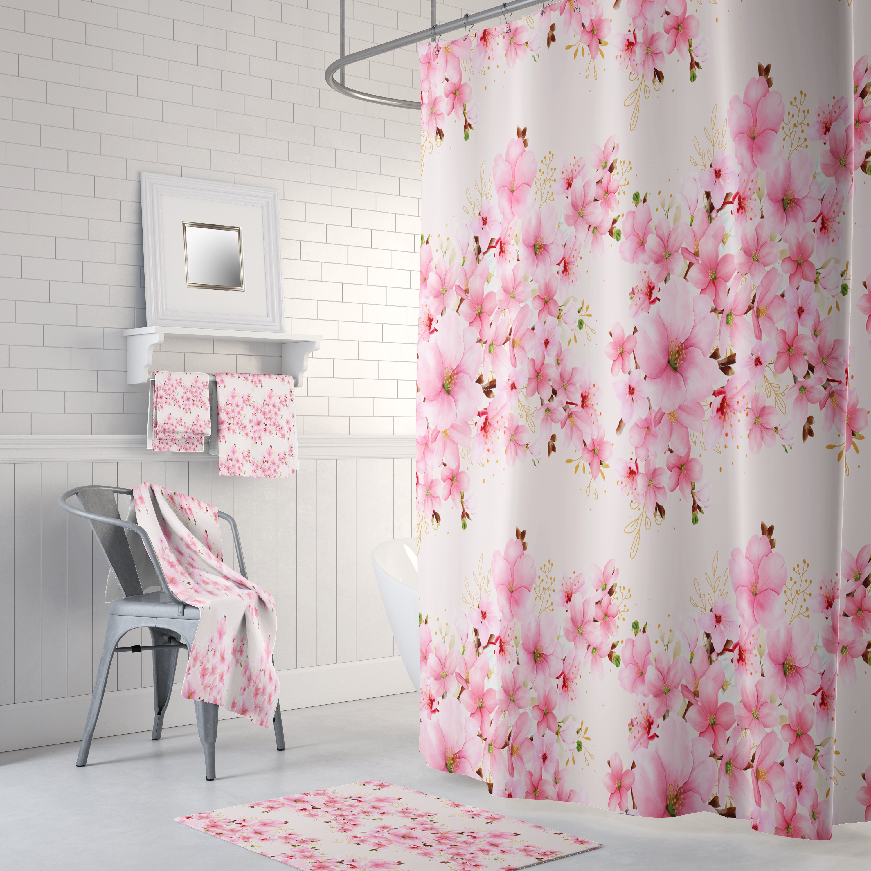 Cherry Blossom Shower Curtain with Oriental Bath Set