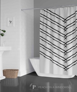 Chevron Shower Curtain, Black and White Bohemian Bath Decor, Abstract Bath Art