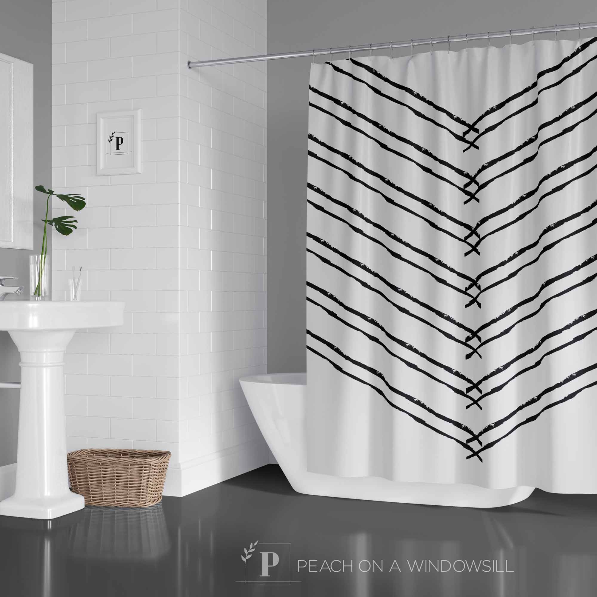 Chevron Shower Curtain, Black and White Bohemian Bath Decor, Abstract Bath Art