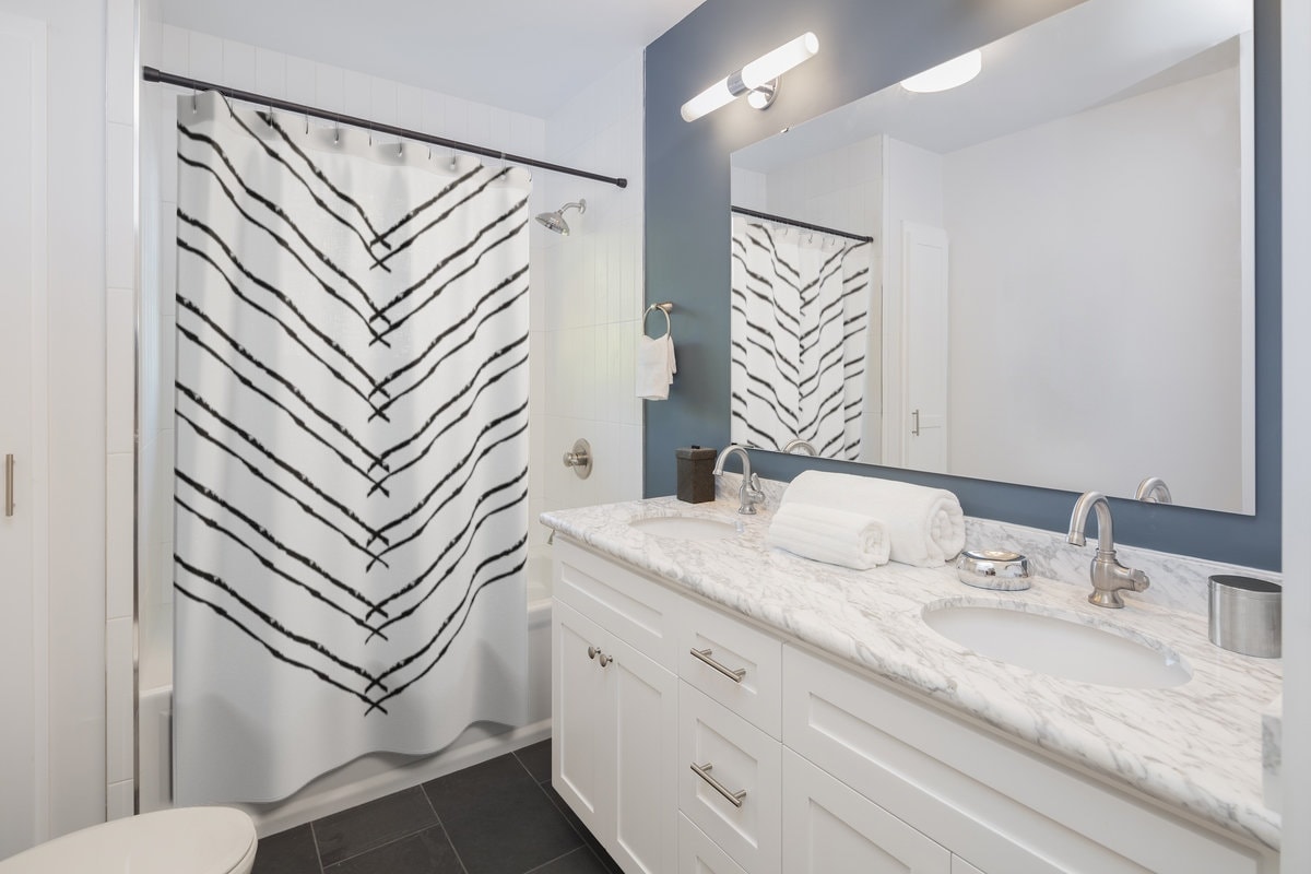 Chevron Shower Curtain, Black and White Bohemian Bath Decor, Abstract Bath Art - Image 2