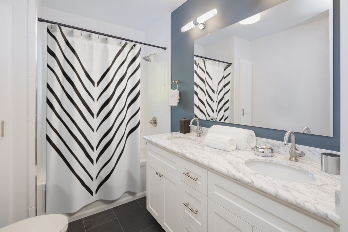 Chic Boho Chevron Shower Curtain, Abstract Line Art Bath Decor, Modern Bathroom Style - Image 2
