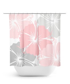 Chic Pink and Gray Shower Curtain, Floral Shower Curtain Art for Pink Bathroom Decor with Hibiscus Design