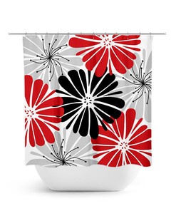 Chic Red & Gray Floral Shower Curtain, Modern Fabric Bath Curtain for Girls Bathroom in Red & Black Theme