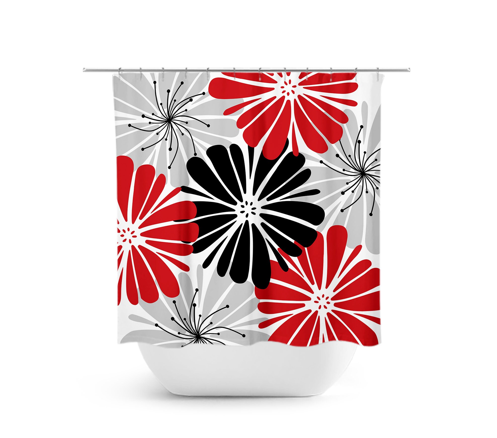 Chic Red & Gray Floral Shower Curtain, Modern Fabric Bath Curtain for Girls Bathroom in Red & Black Theme