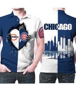 Chicago Sports Combo Love Ripped Team Logo 3d Designed Allover Polo Shirt for Bears & Cubs Fans