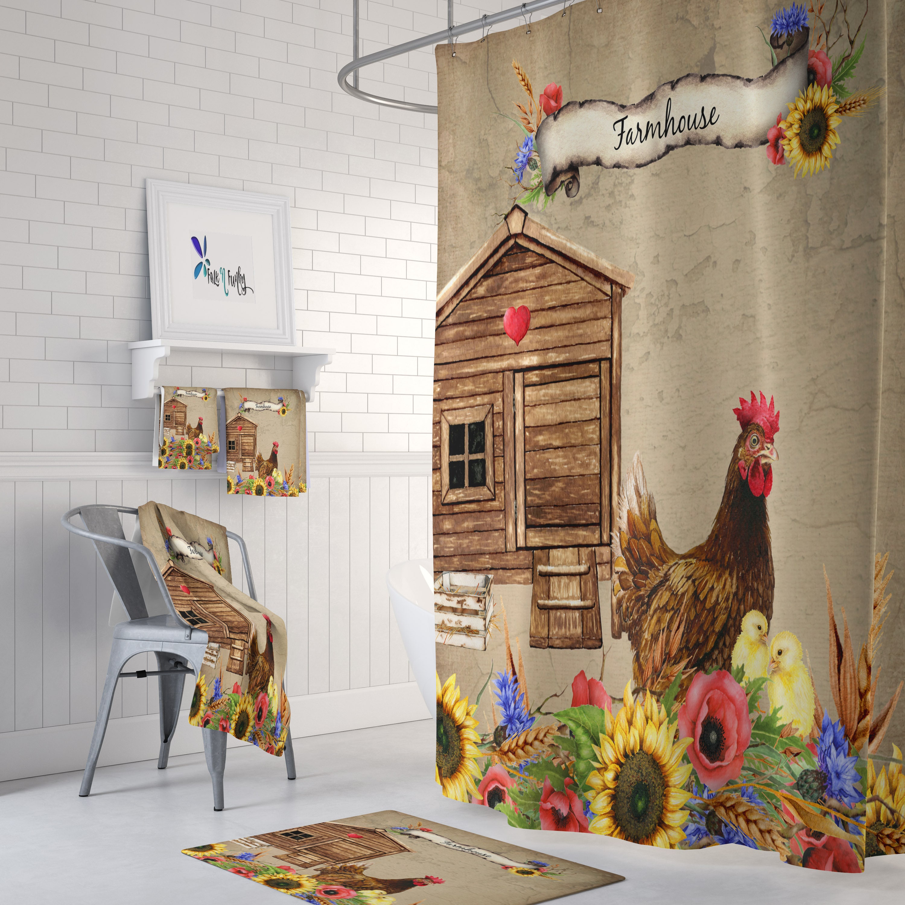 Chicken Farmhouse Shower Curtain, Stylish Bathtub Curtain with Farmhouse Design Elements