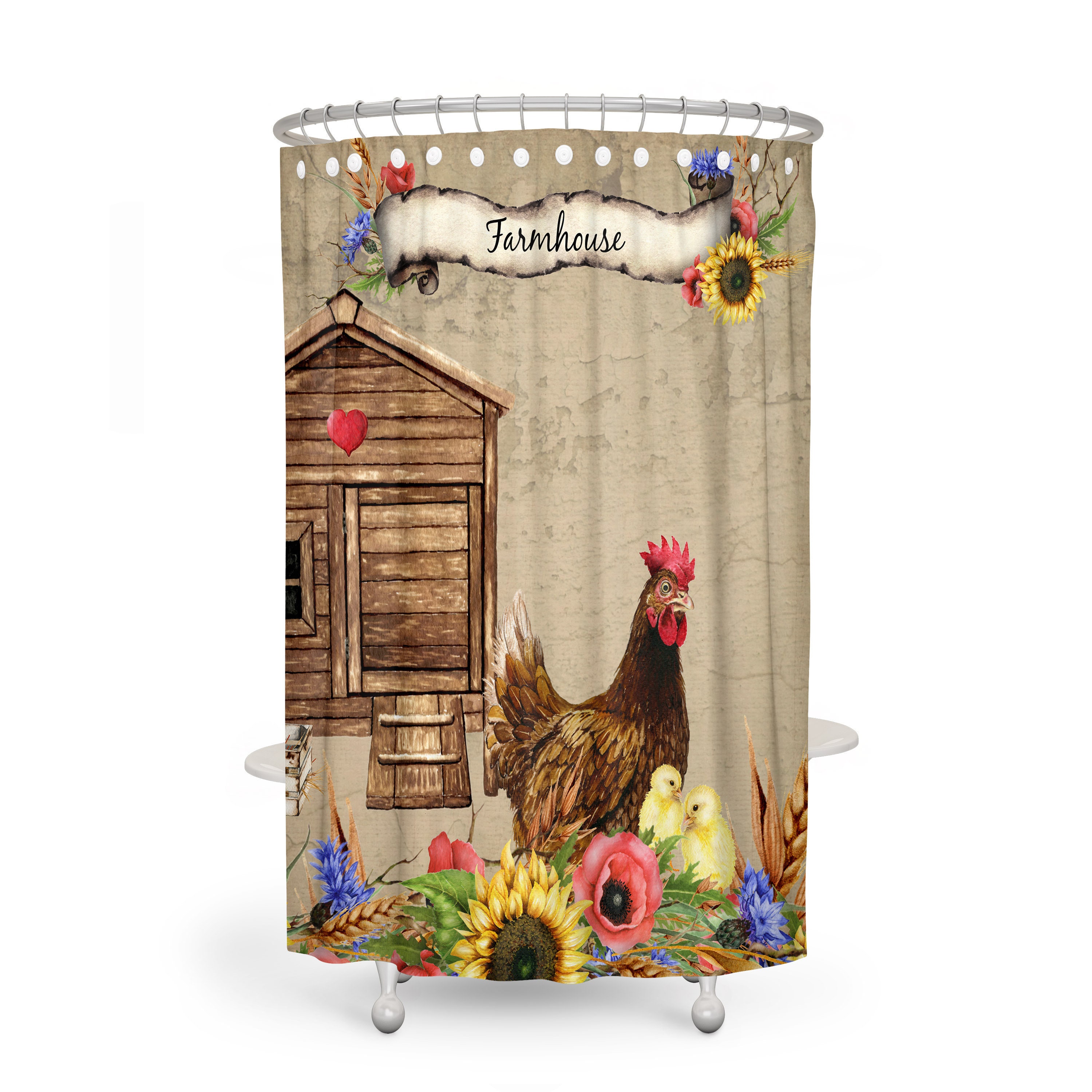 Chicken Farmhouse Shower Curtain, Stylish Bathtub Curtain with Farmhouse Design Elements - Image 2