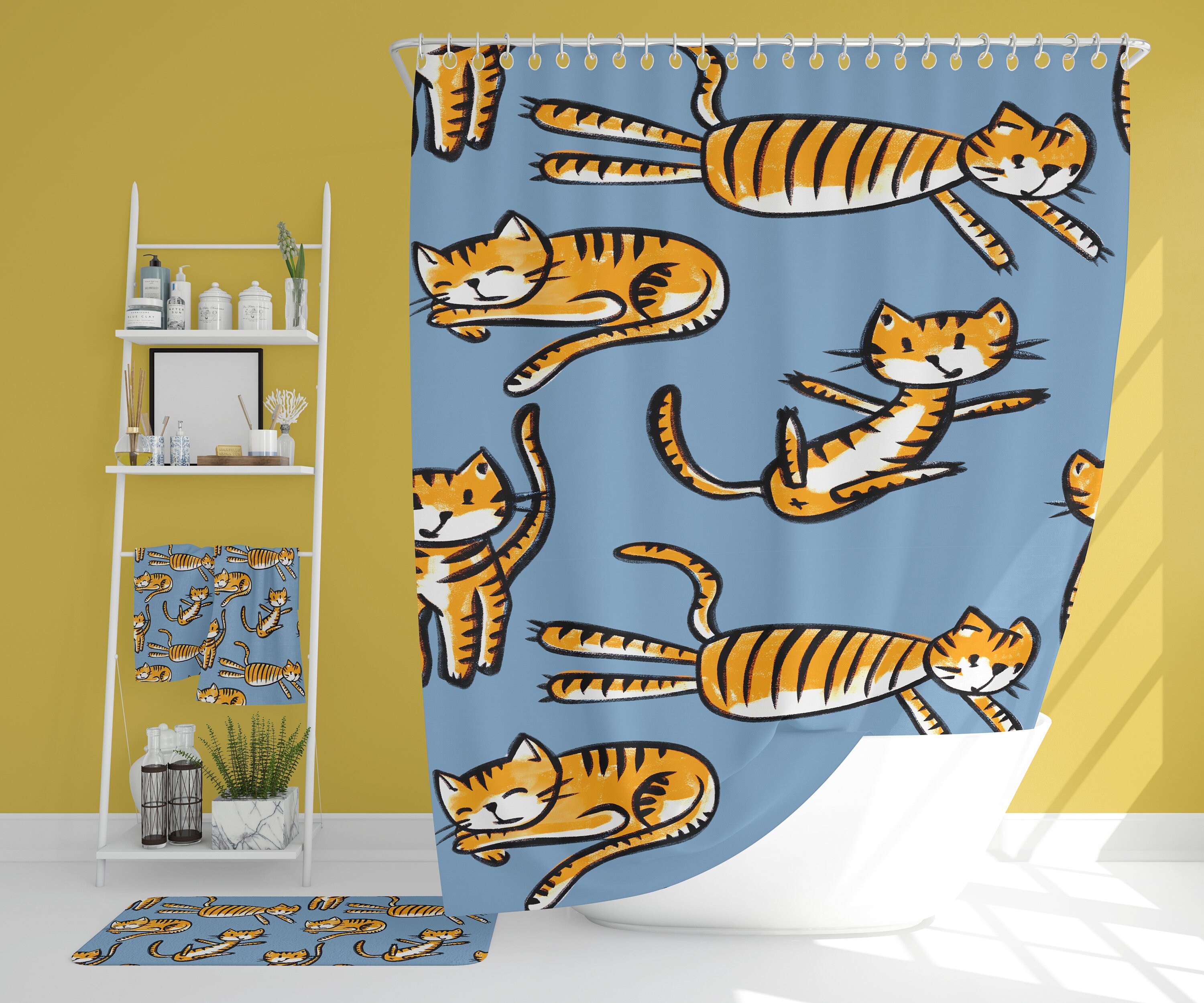 Children's Bathroom Decor, Kitty Cat Shower Curtain, Bath Mat, Waffle Weave Hand Towel, Bath Towel