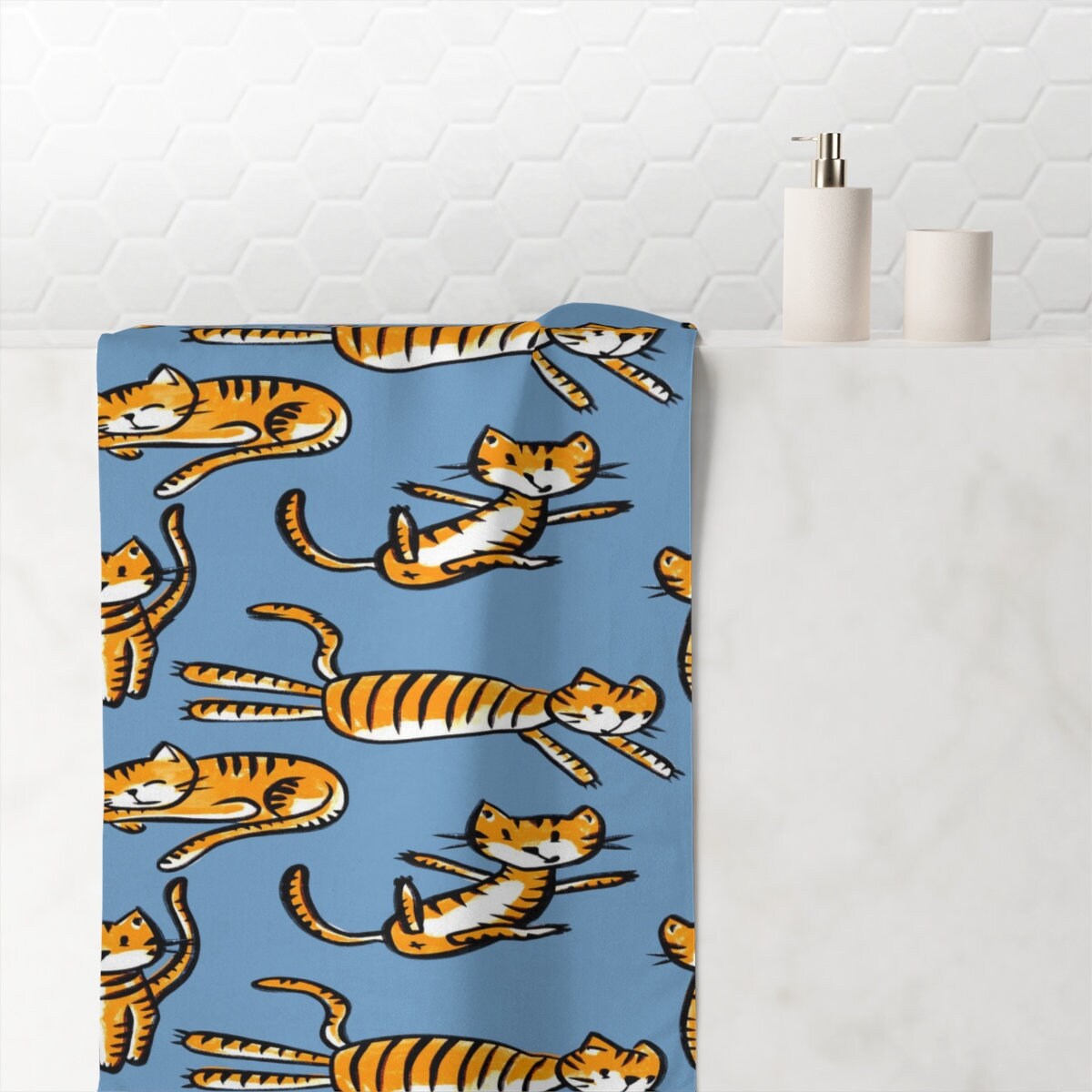Children's Bathroom Decor, Kitty Cat Shower Curtain, Bath Mat, Waffle Weave Hand Towel, Bath Towel - Image 3