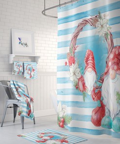 Christmas Gnome Shower Curtain Set with Optional Bathroom Accessories