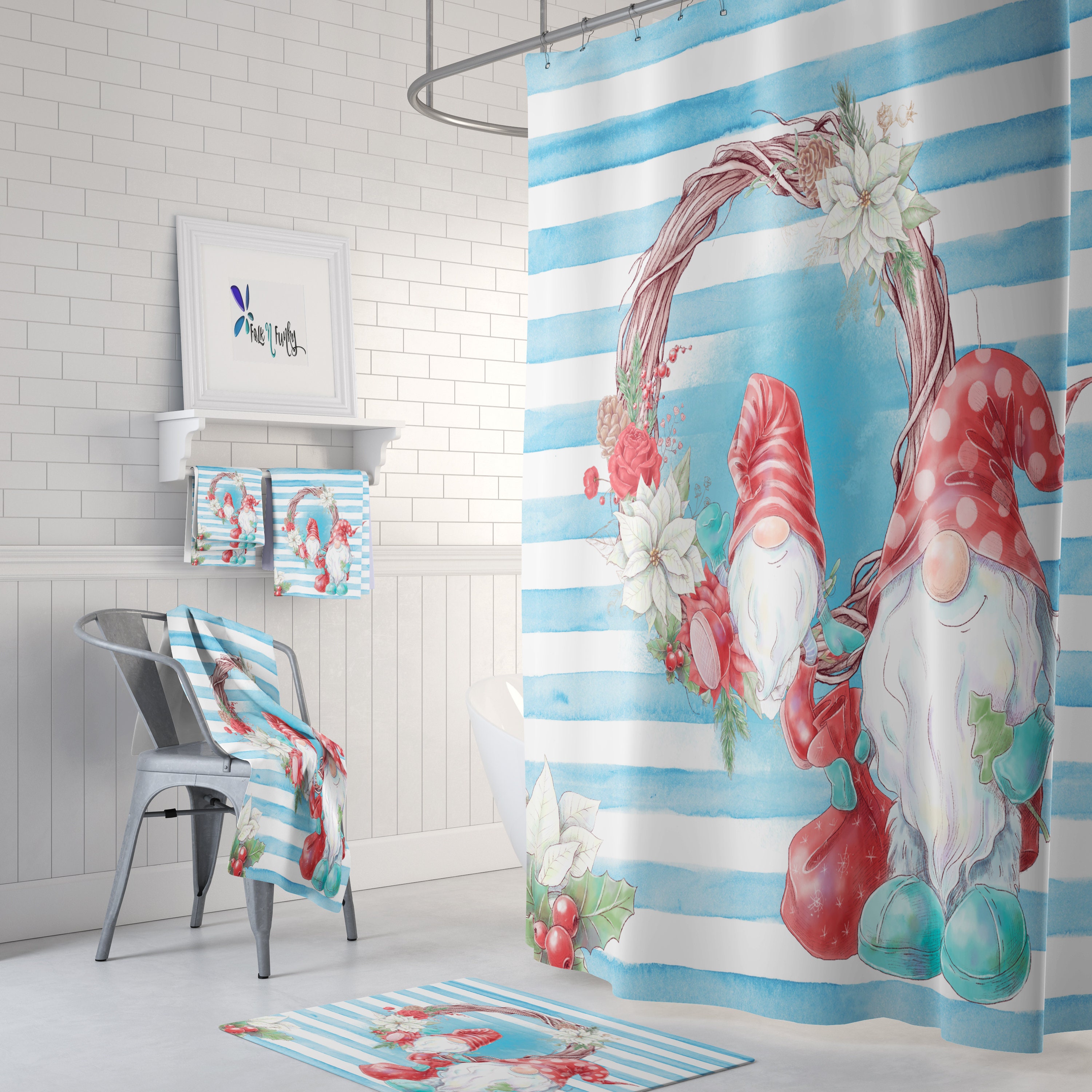 Christmas Gnome Shower Curtain Set with Optional Bathroom Accessories