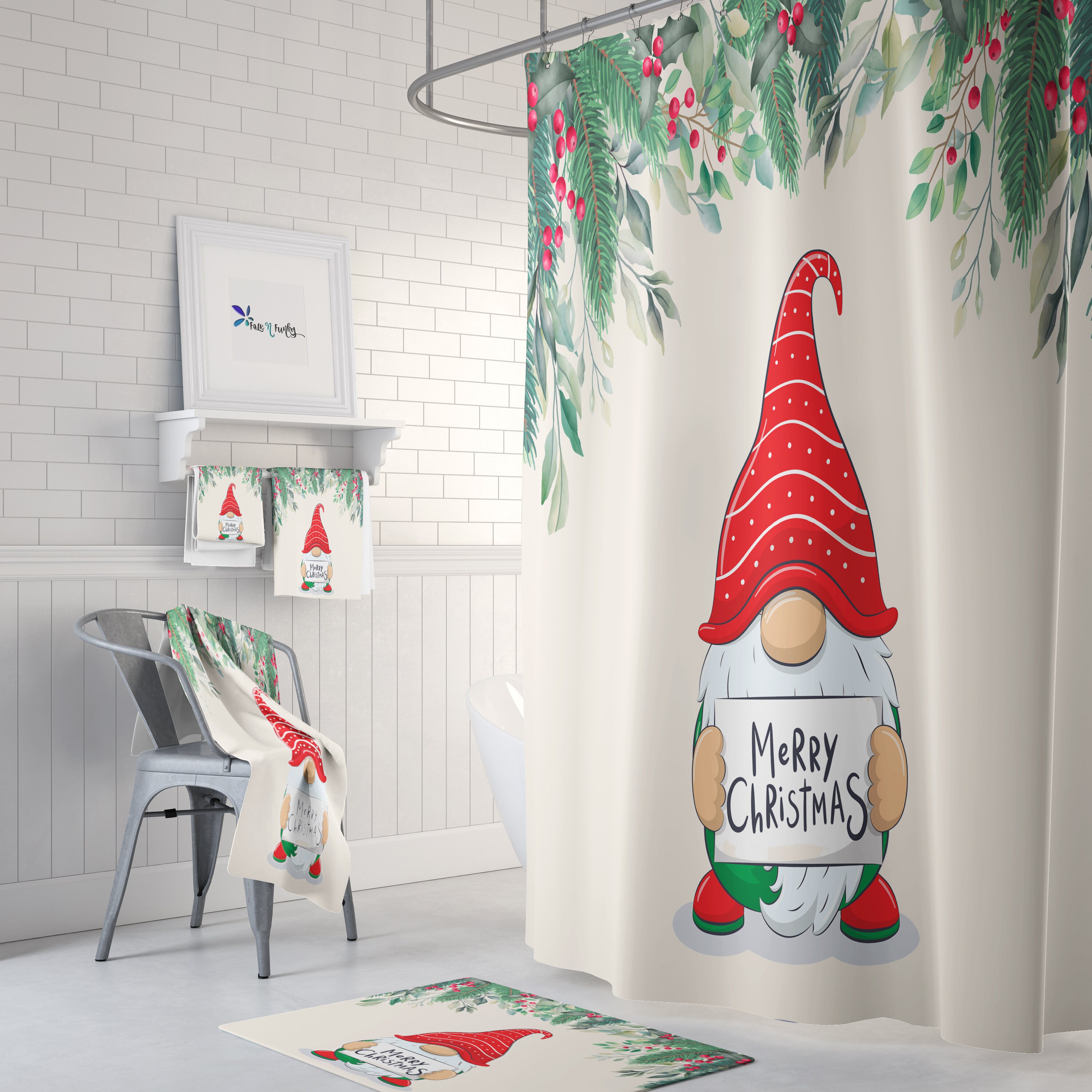 Christmas Gnome Shower Curtain with Optional Towels and Festive Bath Mat