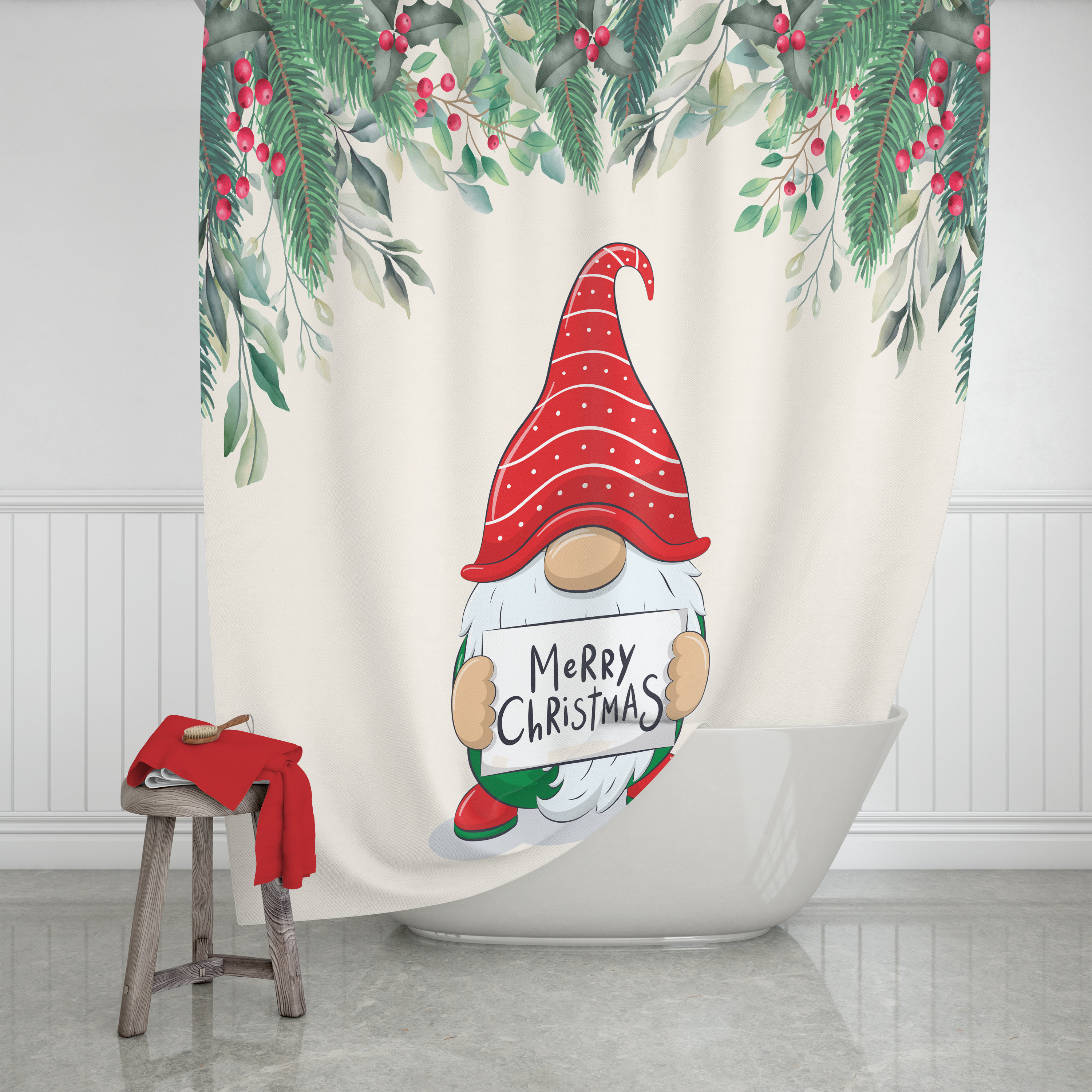 Christmas Gnome Shower Curtain with Optional Towels and Festive Bath Mat - Image 2