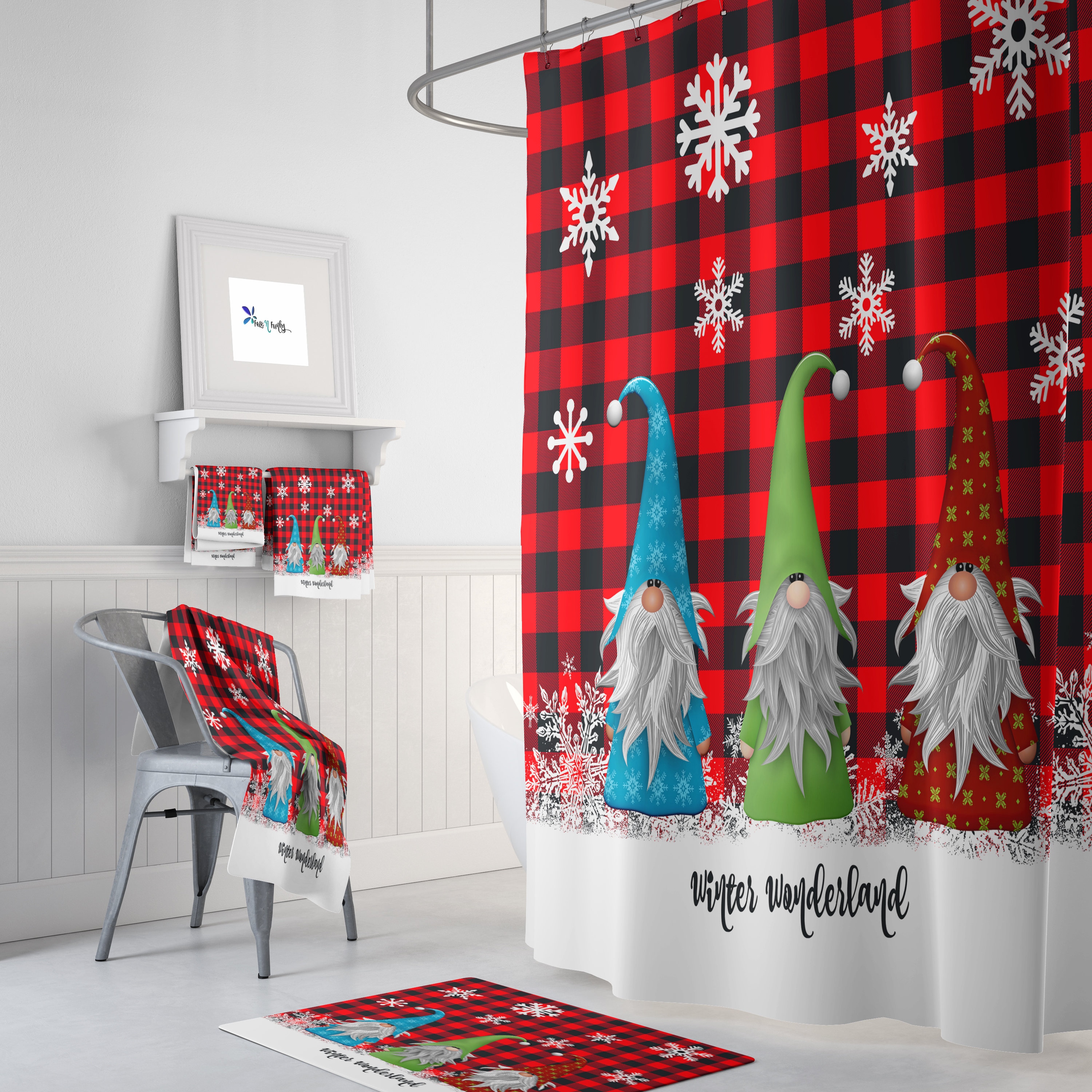 Christmas Gnomes Buffalo Plaid Shower Curtain Set with Festive Bath Decor