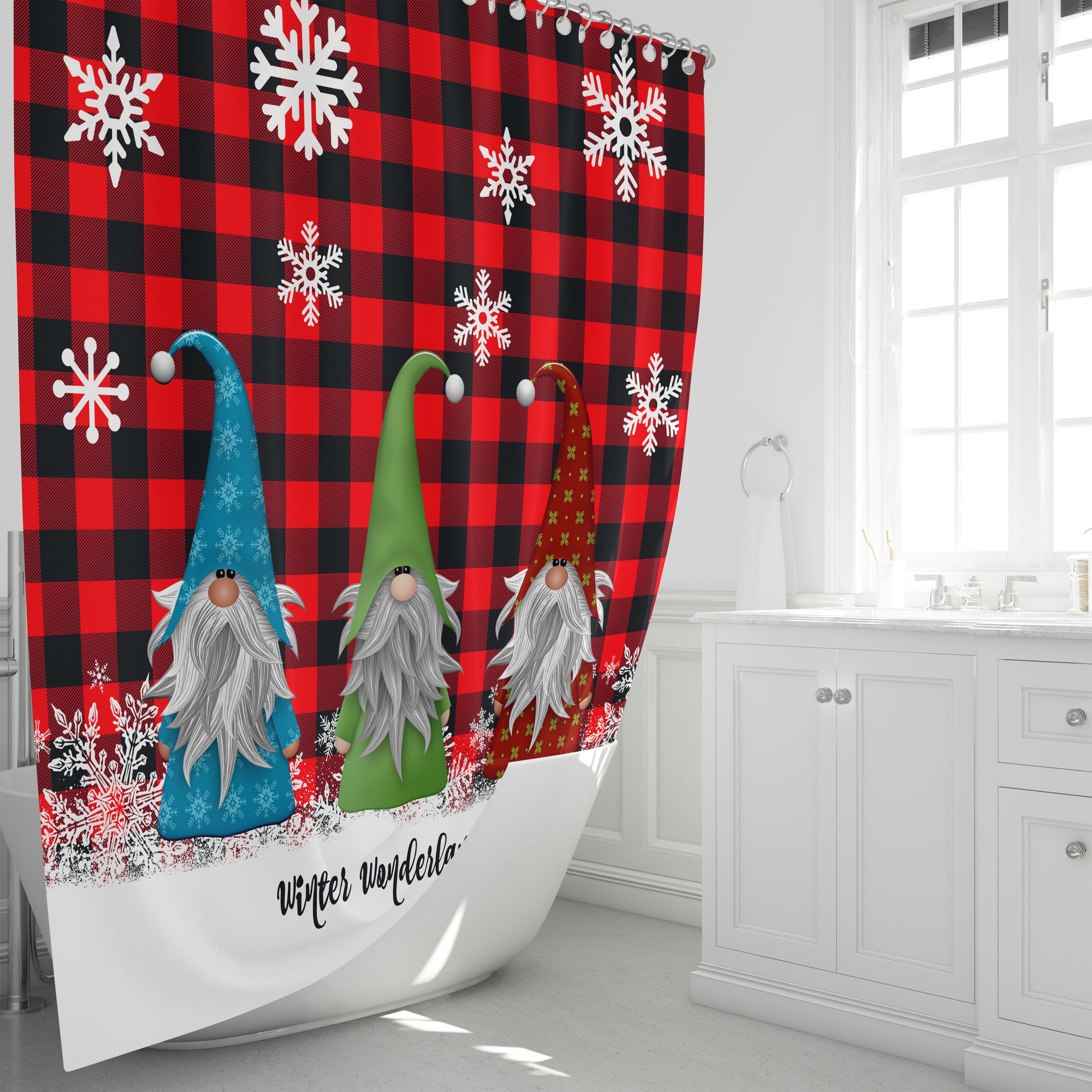 Christmas Gnomes Buffalo Plaid Shower Curtain Set with Festive Bath Decor - Image 2