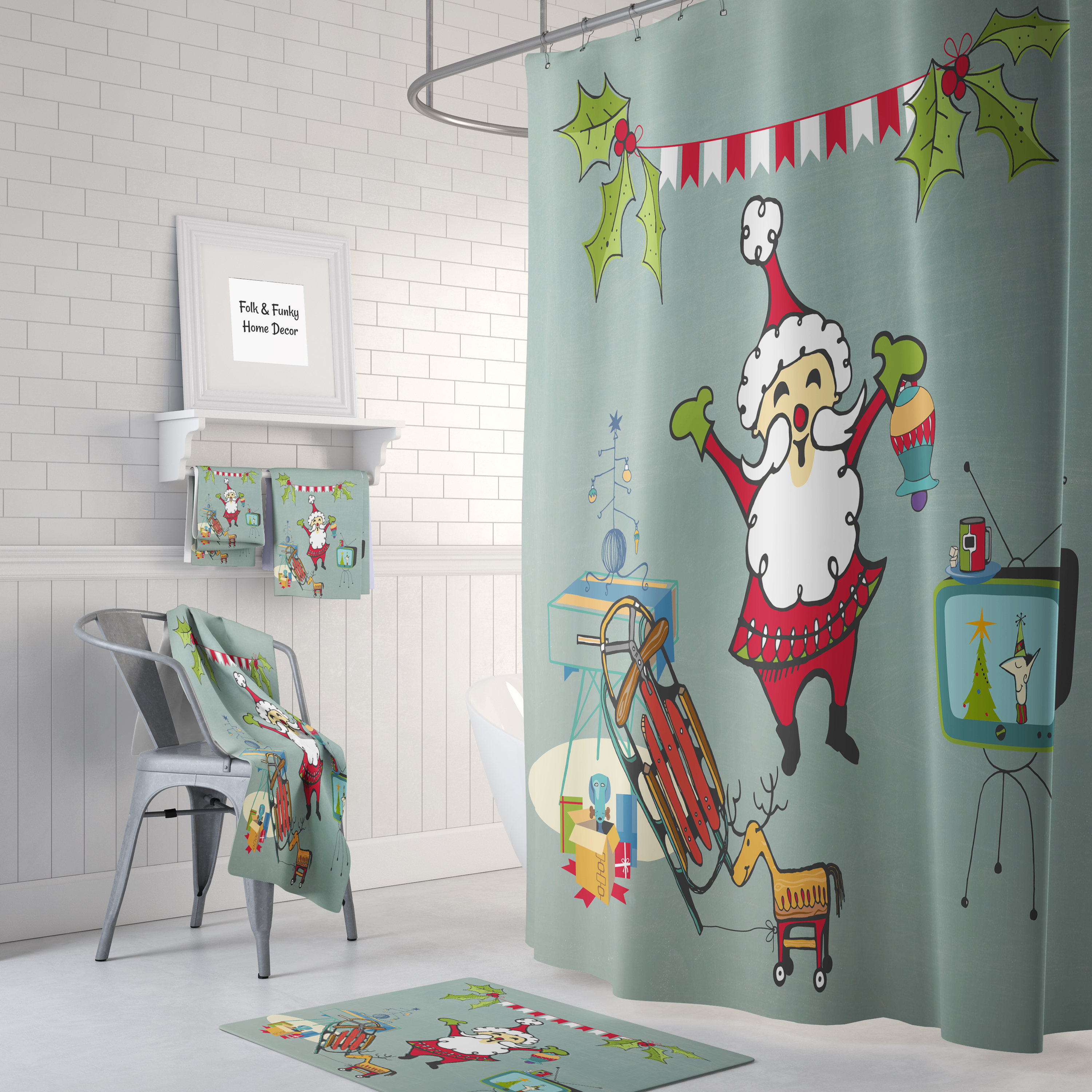 Christmas Mid Century Modern Shower Curtain with Festive Print
