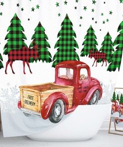 Christmas Red Truck with Buffalo Plaid Tree Shower Curtain Set with Winter Bath Decor