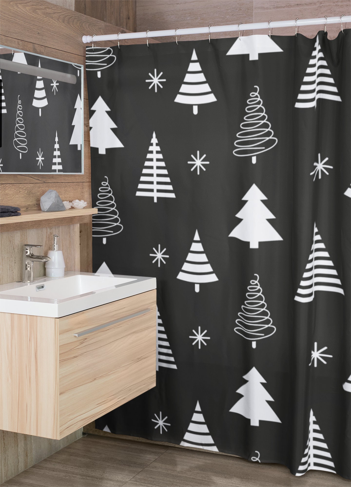 Christmas Shower Curtain Set, Retro Bathroom Accessory with Tub Curtain and Home Gift Idea