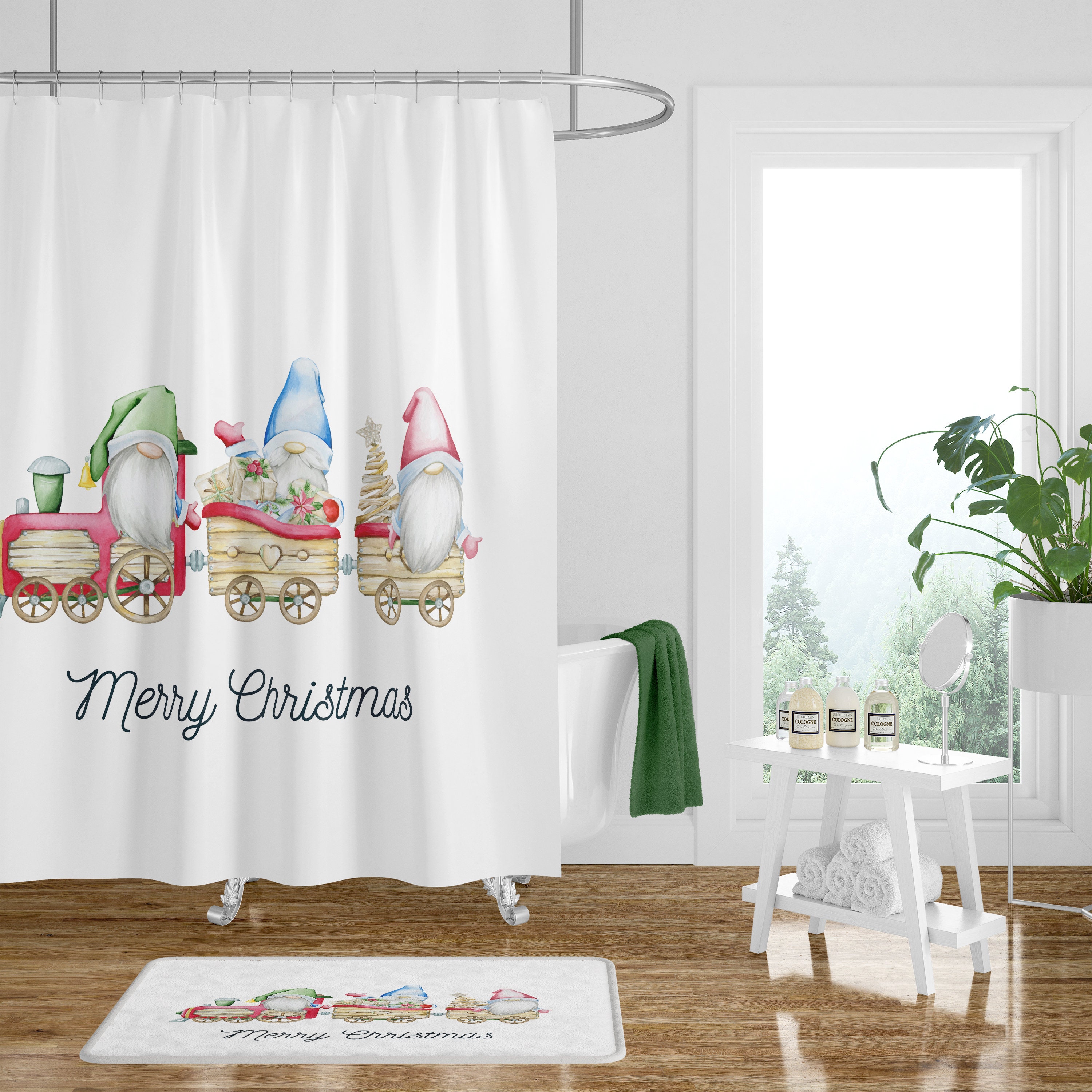 Christmas Train Gnome Shower Curtain Set with Festive Bath Decor