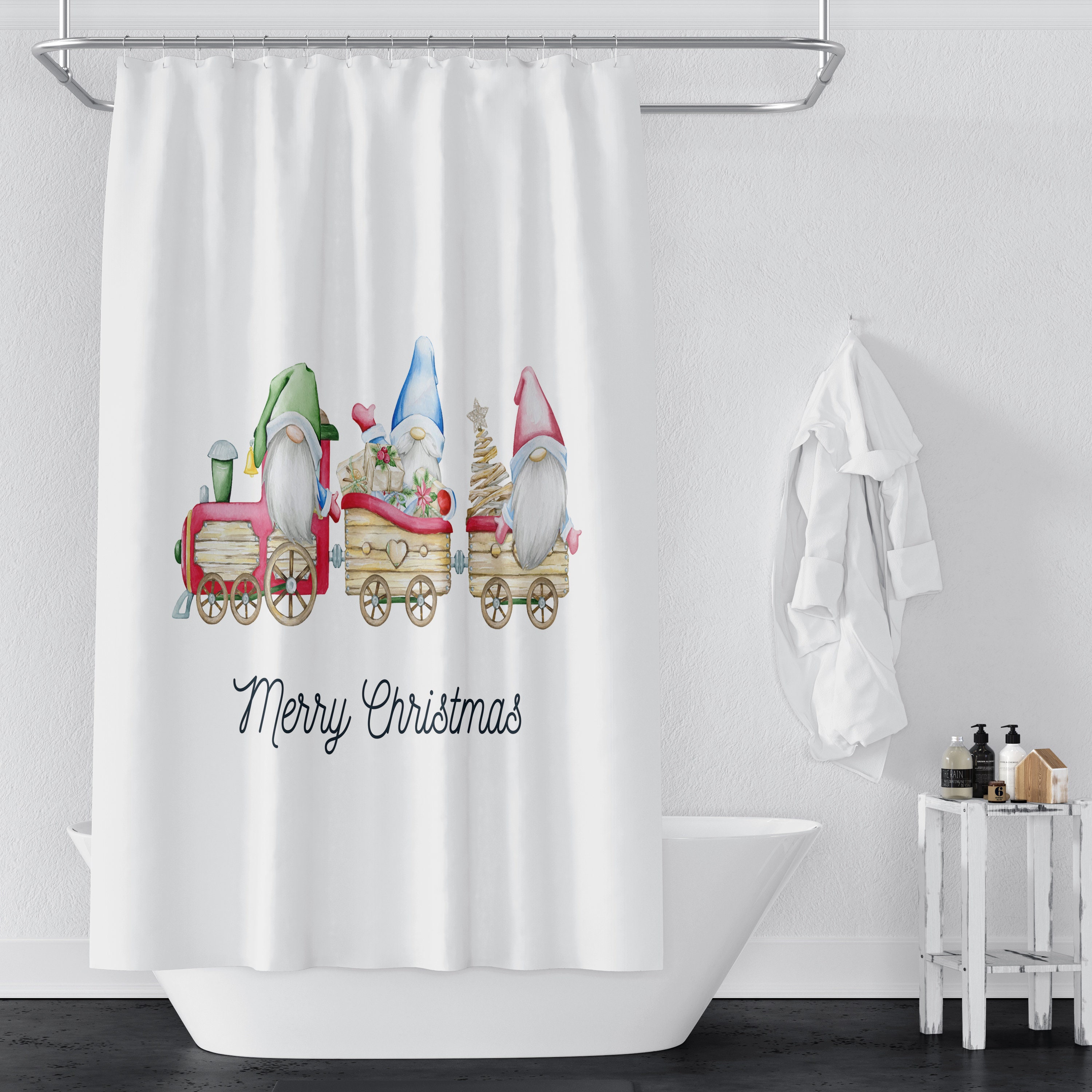 Christmas Train Gnome Shower Curtain Set with Festive Bath Decor - Image 2