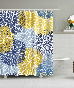 Chrysanthemum Floral Shower Curtain | Blue Yellow Flowers | Fabric Bathroom Curtain Vintage Shower Curtains