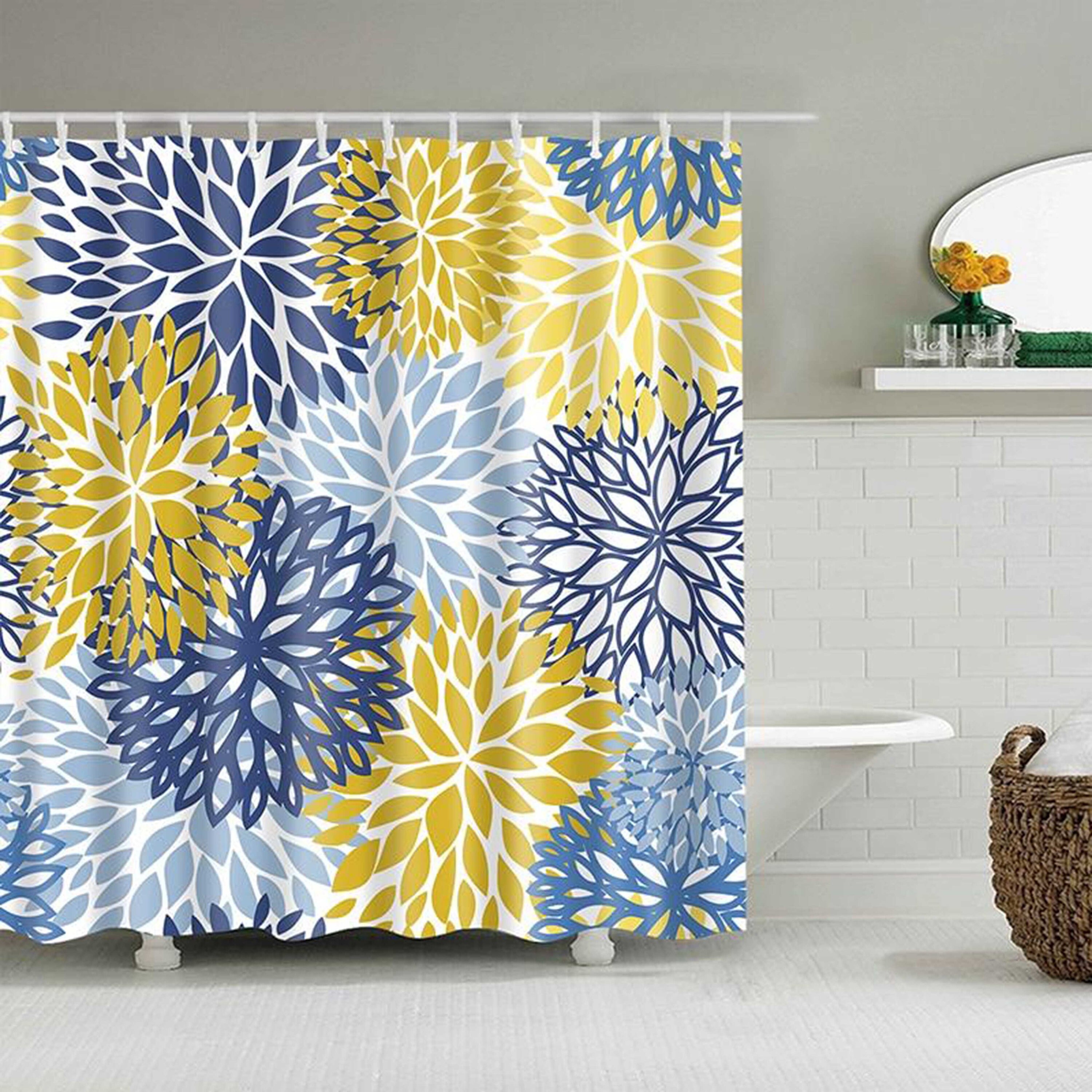 Chrysanthemum Floral Shower Curtain | Blue Yellow Flowers | Fabric Bathroom Curtain Vintage Shower Curtains