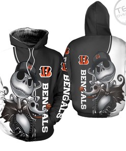 Cincinnati Bengals Jack Skellington and Zero 3D Hoodie in All Over Print