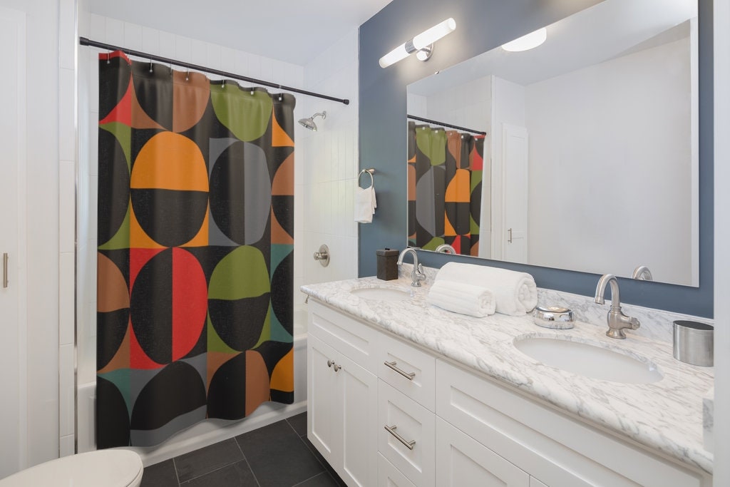Circle Geometric Multicolor Mid Century Modern Retro Shower Curtain for a Timeless Look - Image 2