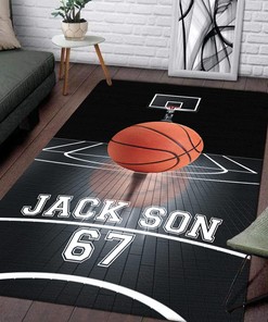 Classic Black and White Basketball Court Rug - Printed Carpet for Living Room or Sports Team Room with Customizable Text