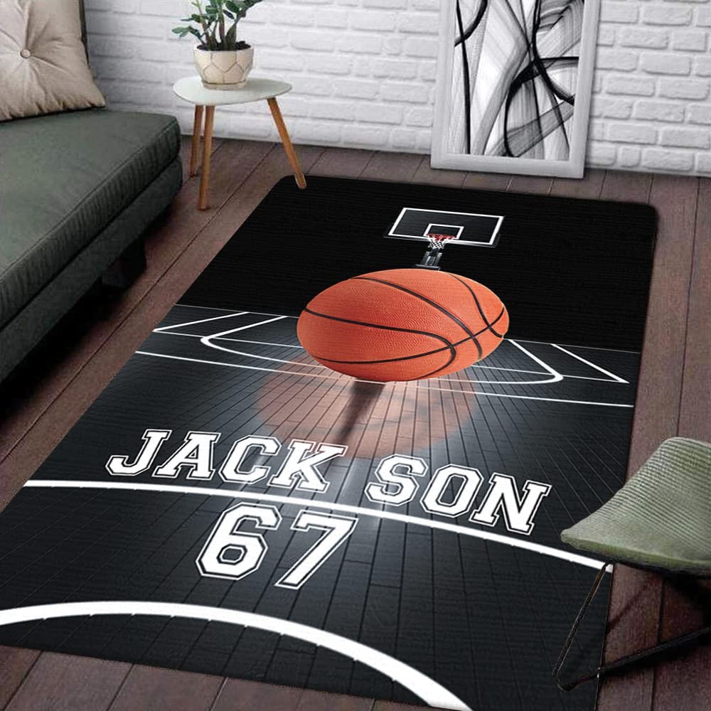 Classic Black and White Basketball Court Rug - Printed Carpet for Living Room or Sports Team Room with Customizable Text
