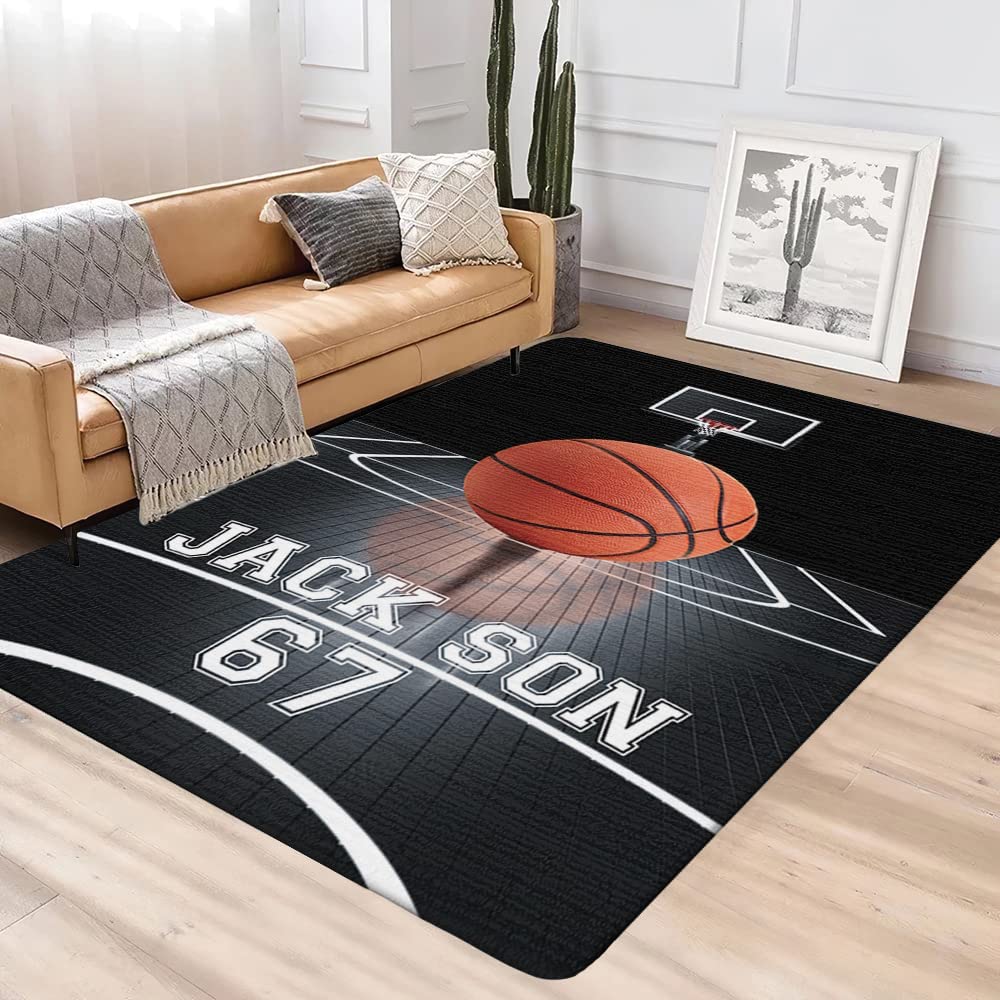Classic Black and White Basketball Court Rug - Printed Carpet for Living Room or Sports Team Room with Customizable Text - Image 2