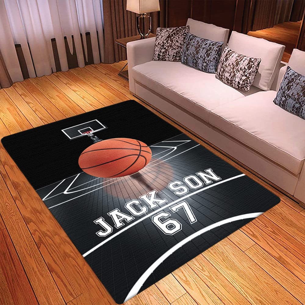 Classic Black and White Basketball Court Rug - Printed Carpet for Living Room or Sports Team Room with Customizable Text - Image 3