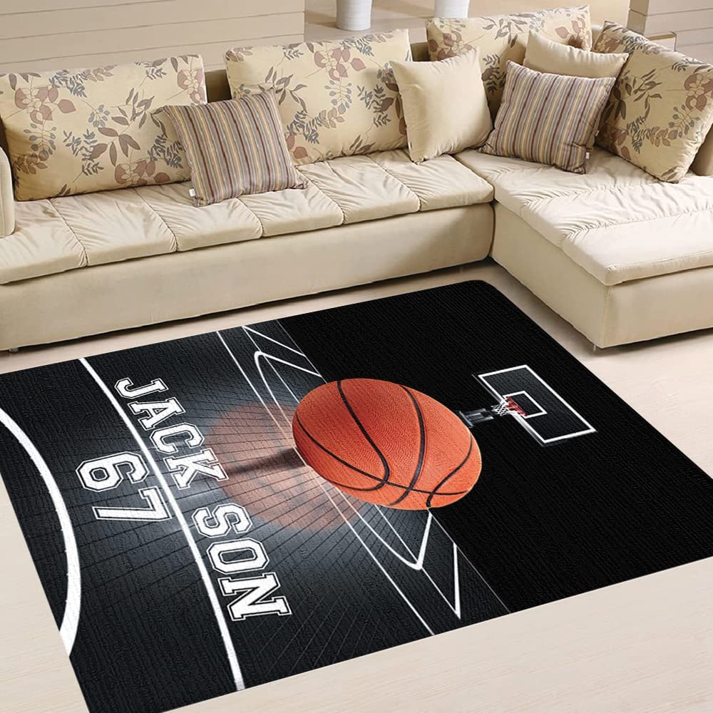 Classic Black and White Basketball Court Rug - Printed Carpet for Living Room or Sports Team Room with Customizable Text - Image 4
