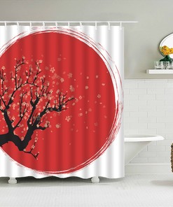 Classic Red Moon & Japanese Cherry Blossom Shower Curtain, Japan Flowers Circle Themed Curtain, Home Bathroom Decor