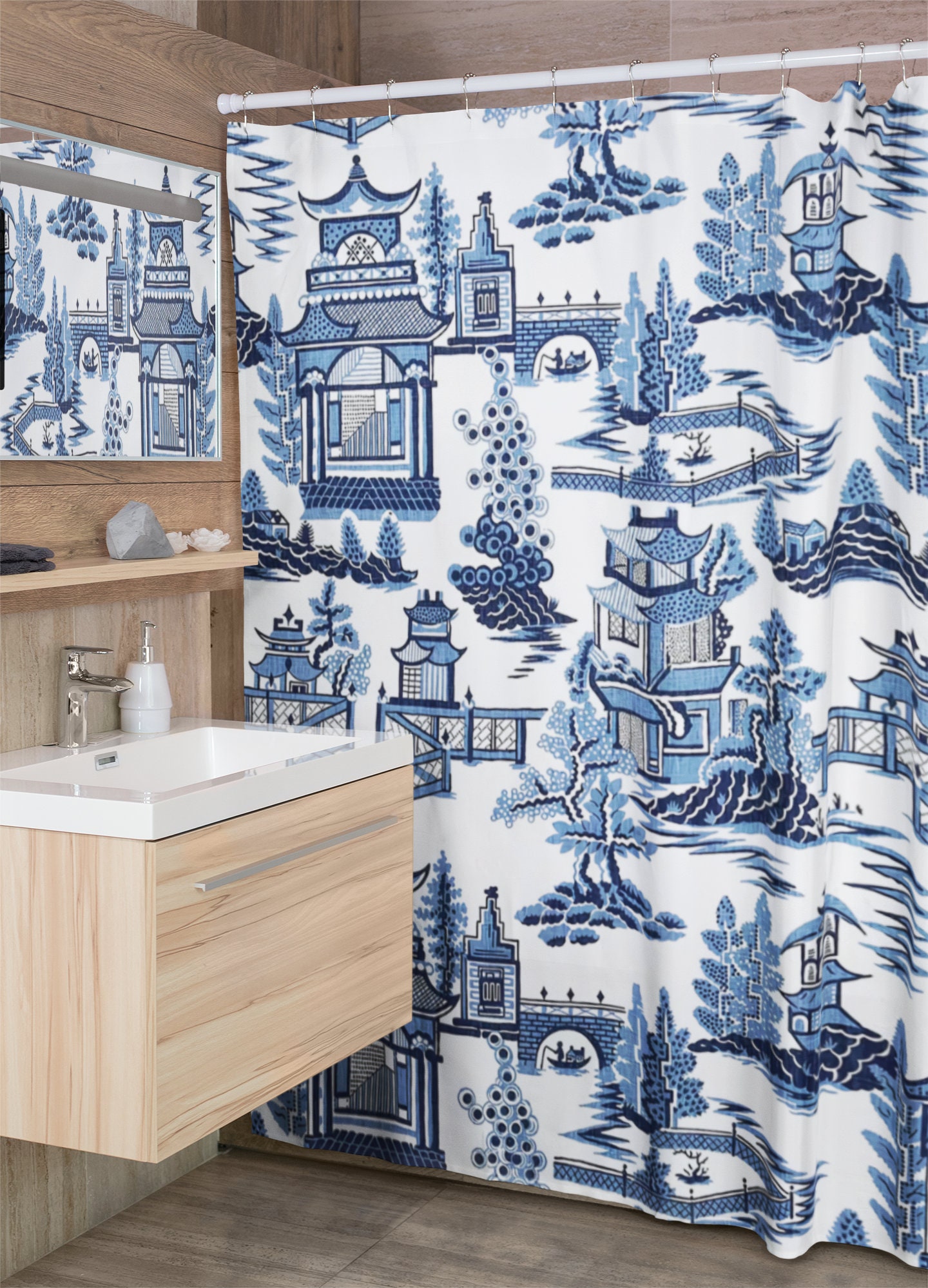 Classic Toile Shower Curtain, Elegant Blue and White Bathroom Curtain, Vintage Chinoiserie Tub Curtain