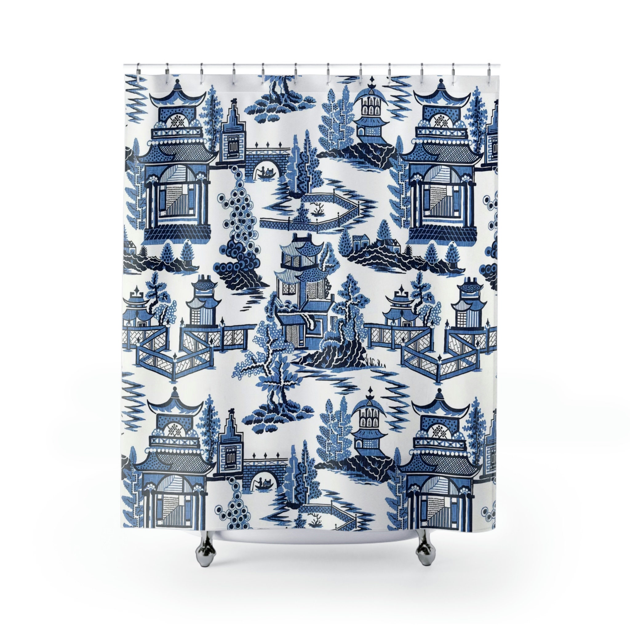 Classic Toile Shower Curtain, Elegant Blue and White Bathroom Curtain, Vintage Chinoiserie Tub Curtain - Image 2