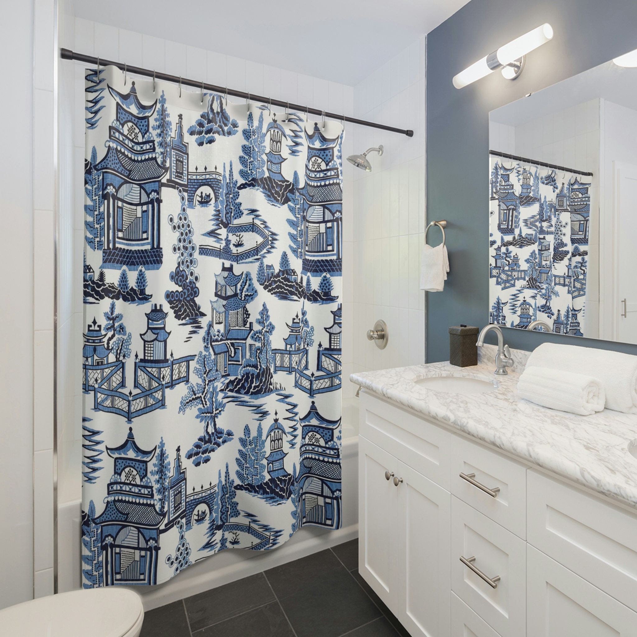 Classic Toile Shower Curtain, Elegant Blue and White Bathroom Curtain, Vintage Chinoiserie Tub Curtain - Image 3