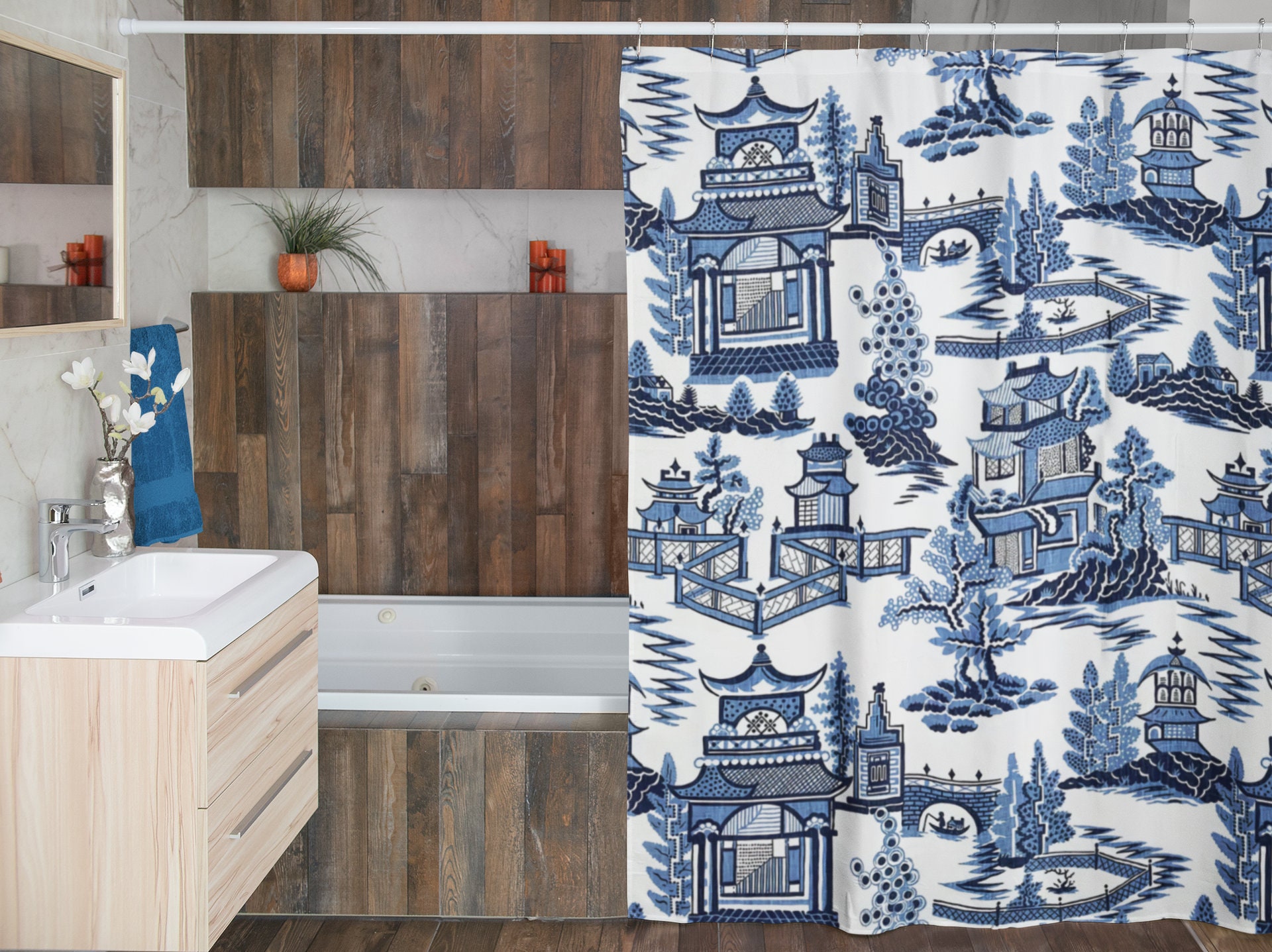Classic Toile Shower Curtain, Elegant Blue and White Bathroom Curtain, Vintage Chinoiserie Tub Curtain - Image 4