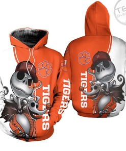 Clemson Tigers All Over Print Hoodie with Jack Skellington and Zero Design