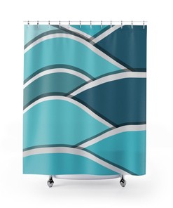 Coastal Blue Wave Mid Mod Teal and Aqua Retro Shower Curtain for a Beach House Bathroom
