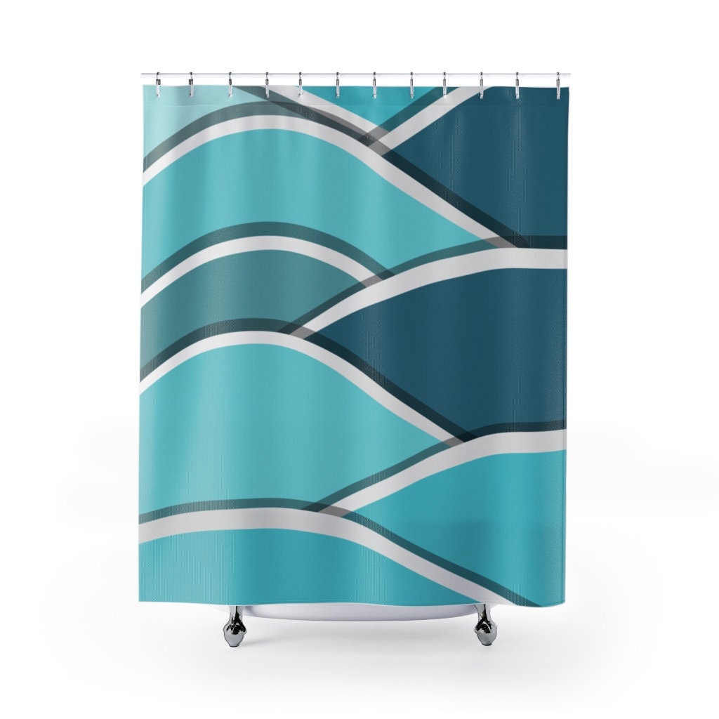 Coastal Blue Wave Mid Mod Teal and Aqua Retro Shower Curtain for a Beach House Bathroom