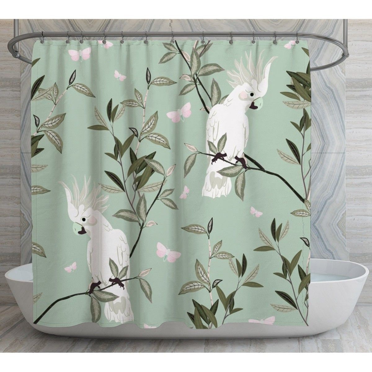 Cockatoo Shower Curtain | White & Sage Green Bird Print Bath Decor | Vintage Bathroom Curtains