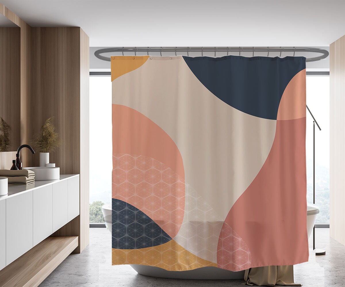 Color Blocks Minimalism Shower Curtain, Abstract Art Partition Curtain in Customizable Sizes - Image 2