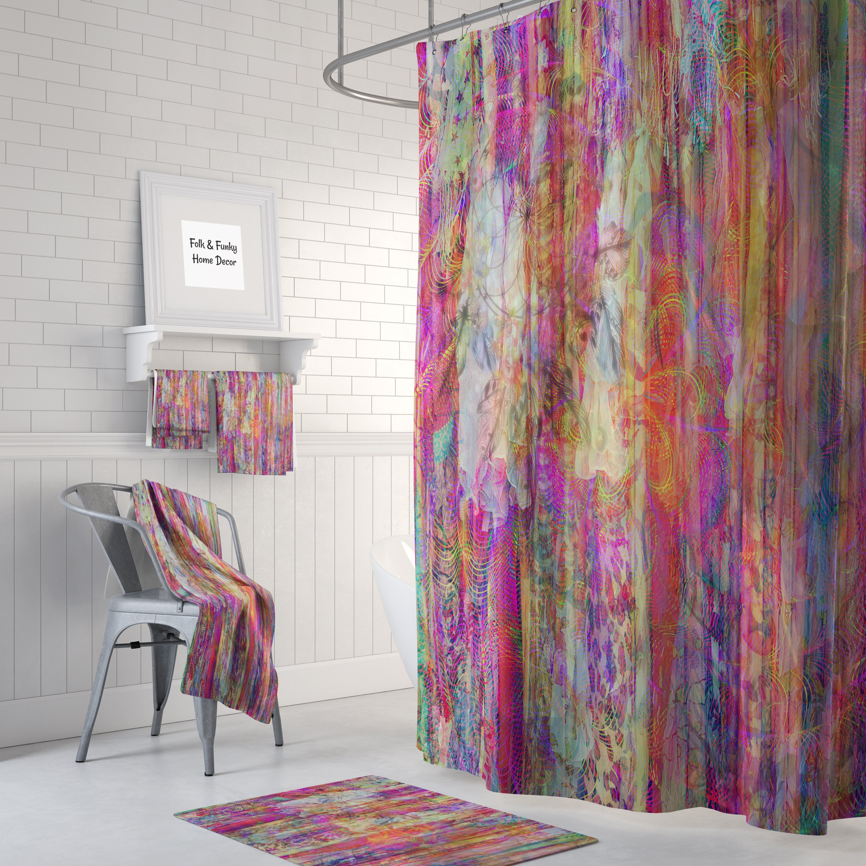 Color Crush Boho Chic Shower Curtain Optional Bath Mat Bathroom Set with Luxury Print