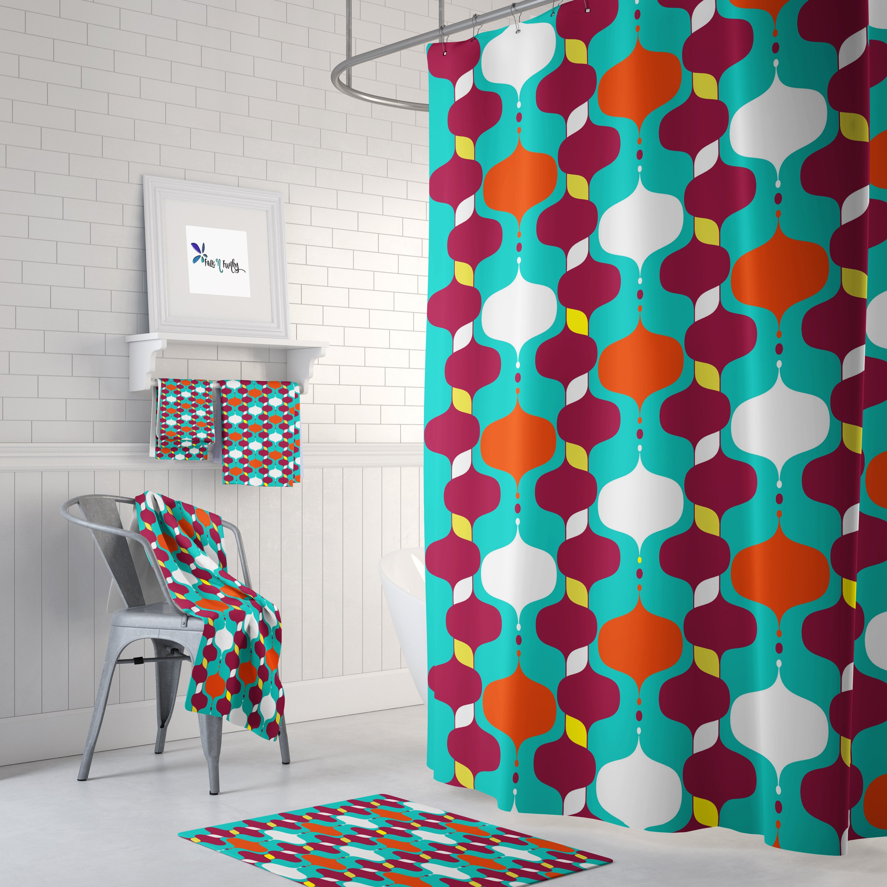 Color Pop Atomic Mid Century Modern Shower Curtain Set with Bath Towels and Mat