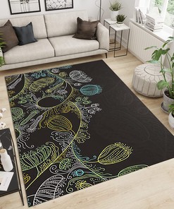 Color Rattan Plant Area Rug - Vibrant Pure Black Carpet with Fine Pile High Density