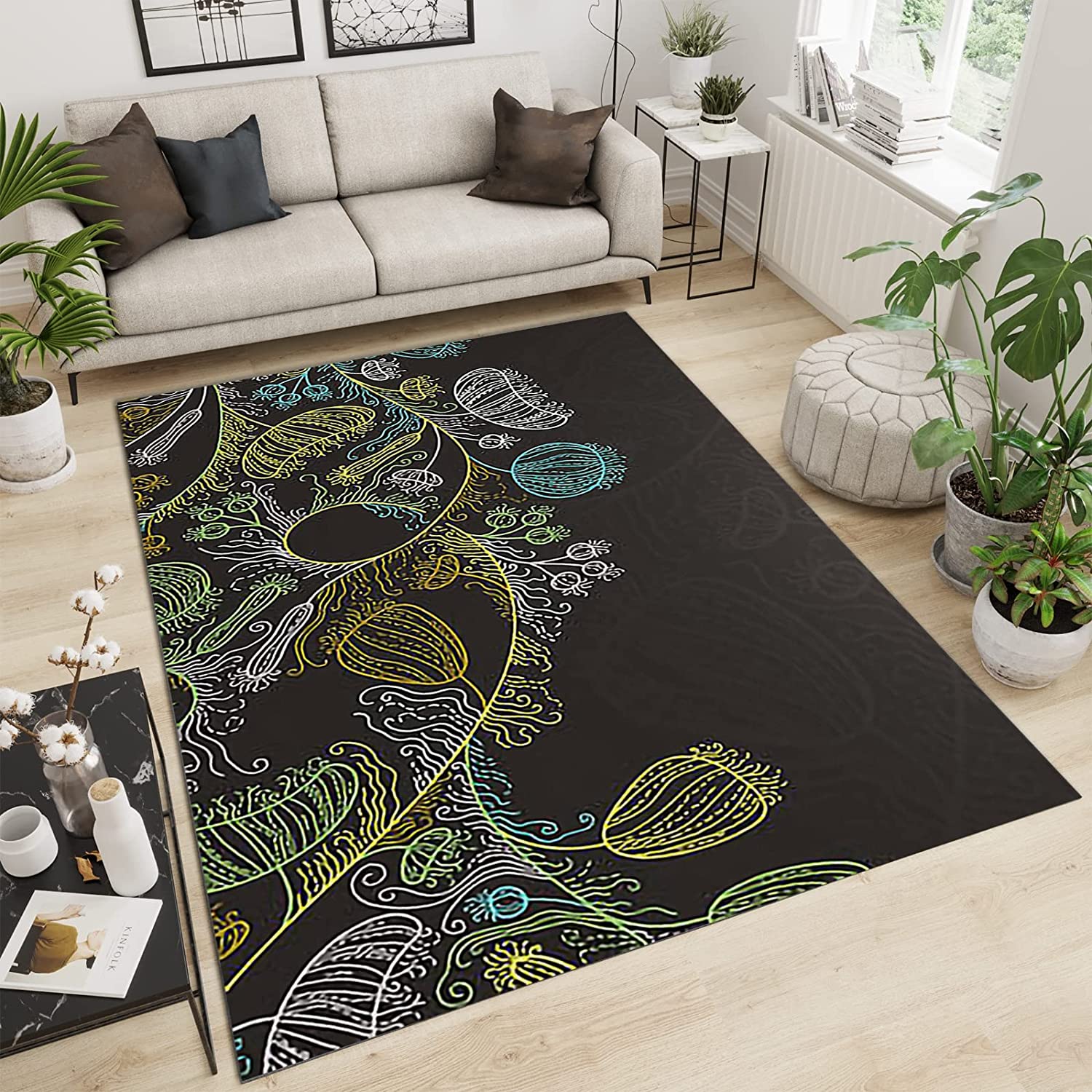 Color Rattan Plant Area Rug - Vibrant Pure Black Carpet with Fine Pile High Density