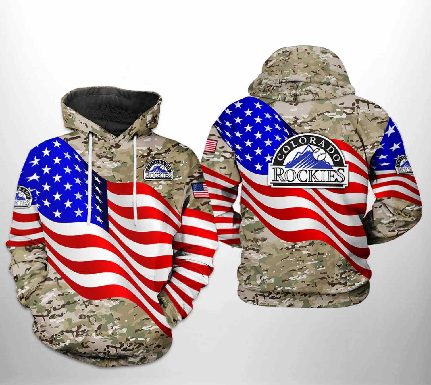 Colorado Rockies MLB US Flag Camo Veteran All Over Print 3D Hoodie Zipper Hoodie