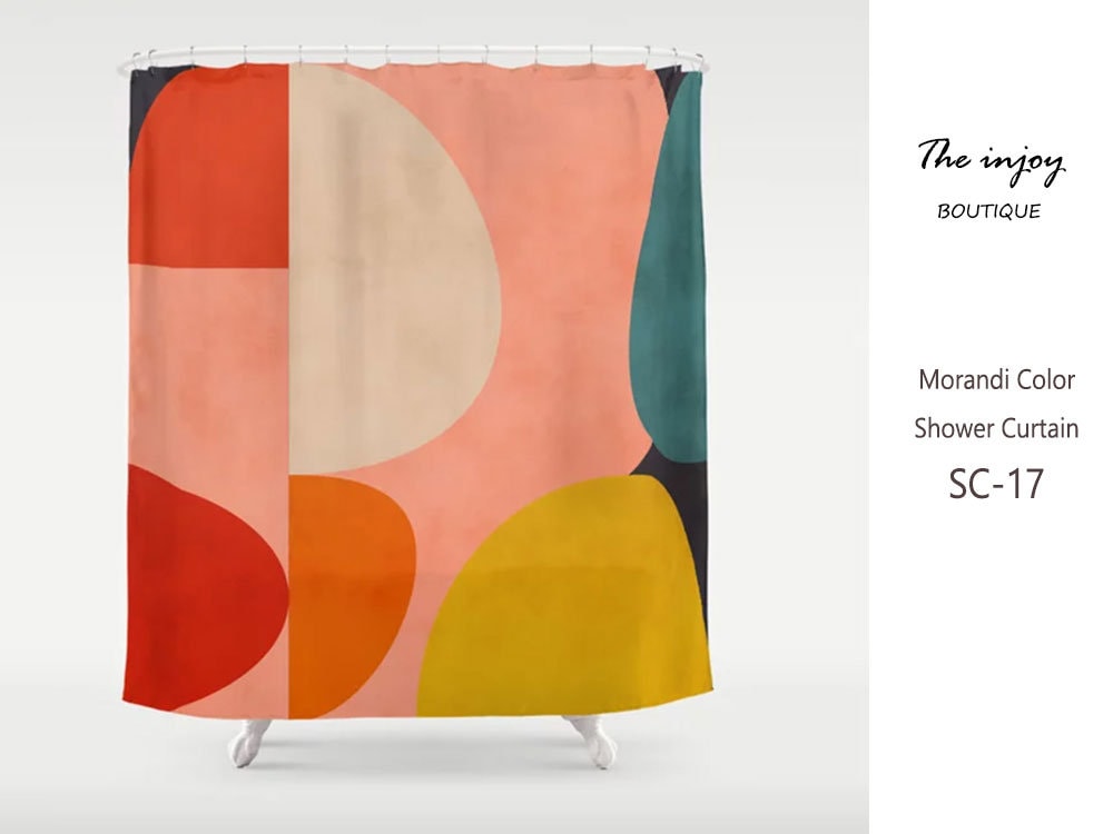 Colorblock Shower Curtain with Hooks, Colorful Abstract Designer Print, Modern Bathroom Set, Customizable Size